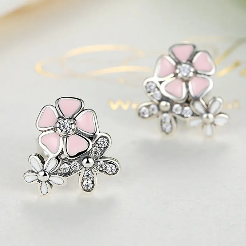 Silver Color Poetic Daisy Cherry Blossom Pandora Drop Earrings Mixed