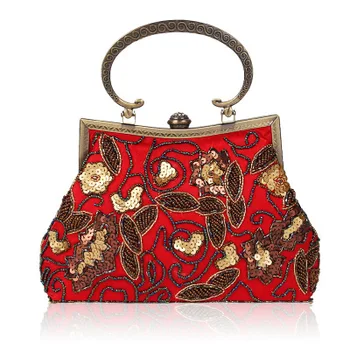 

Vintage Women's Handbag Diamonds Buckle Beading Embroidery Shoulder Bags Metal Handle Unique Party Evening Bag