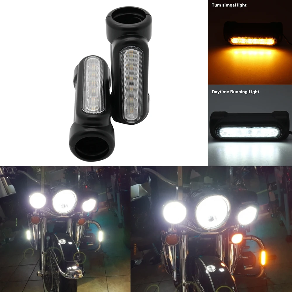 

Black/Chrome Motorcycle Highway Bar Switchback Turn Signal Light White Amber LED For Crash Bars for Harley Touring Models