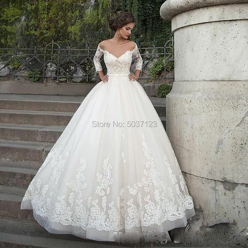 

Ball Gown Wedding Dresses Vestido De Noiva Sweetheart Long Sleeves Off the Shoulder Lace Appliques Bridal Wedding Gown Custom