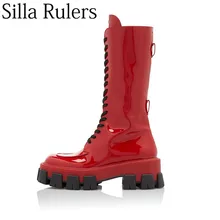 Г. Новые рыцарские сапоги на толстой подошве женские сапоги до середины икры на шнуровке с круглым носком женские ботинки на шнуровке на плоской подошве для подиума