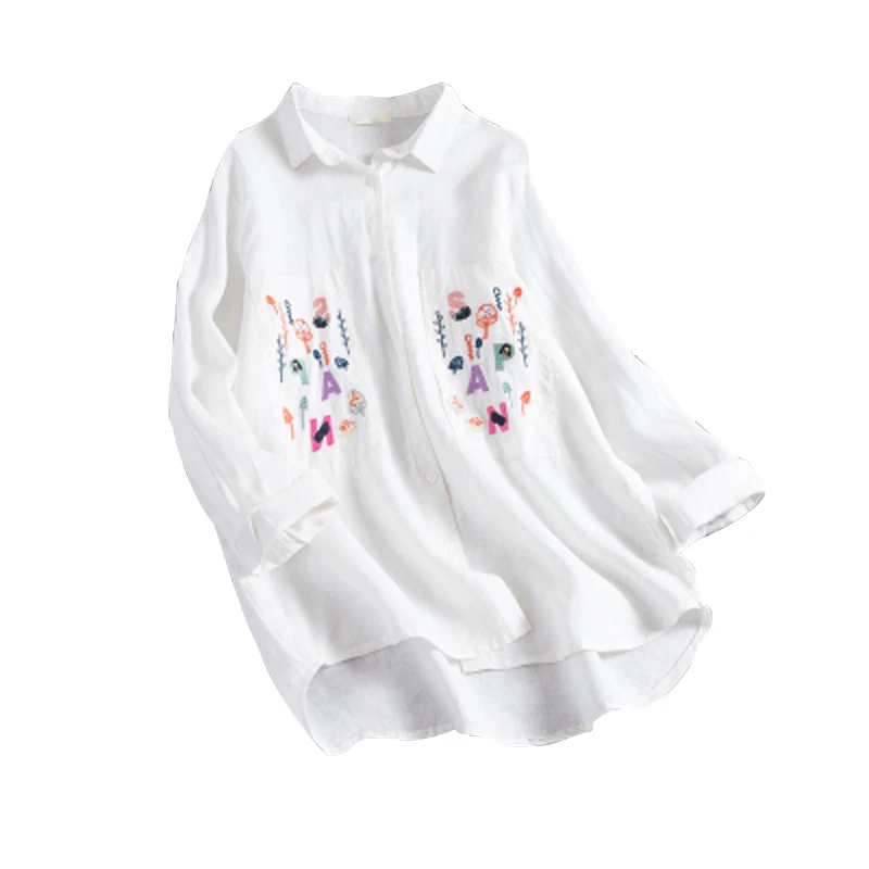 

Embroidery Letter Blouse Shirt Cartoon Appliques Shirt 2018 Spring New Arrival Women Long Sleeve Loose Cotton Linen Shirt