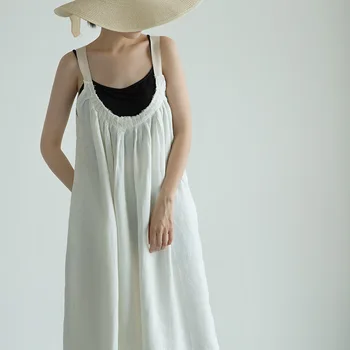 

Johnature Summer Dress 2020 New Vintage Loose Simple Comfortable Sleeveless Solid Color Cotton linen Spaghetti Strap Dresses