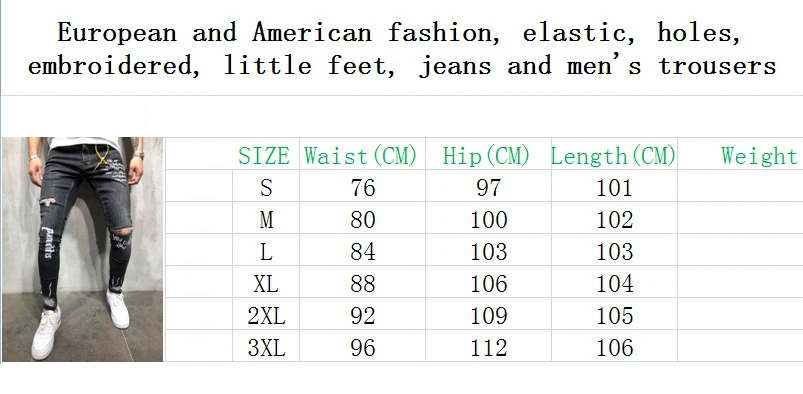 2019 летние новые черные эластичные Молодежные ноги с дырками и надписями обтягивающие мужские джинсы рваные джинсы повседневные джинсы