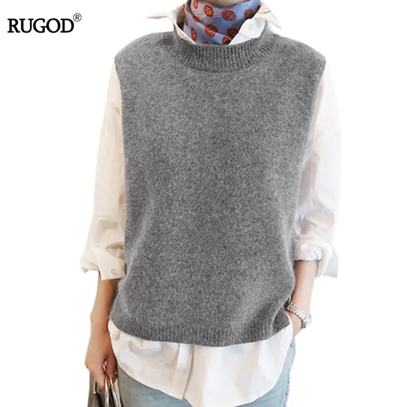 

RUGOD 2018 Women's Autumn Winter Casual Loose Wool Sweater Vest Sleeveless O-Neck Knitted Cashmere Vests Female Jumper Gray tops