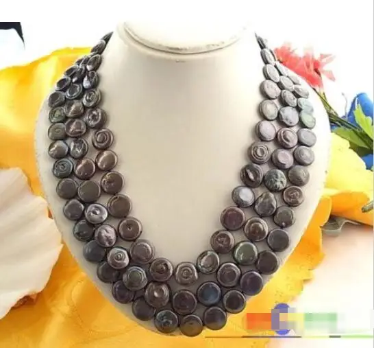 

Hot sale new Style >>>>>3ROW 14MM BLACK COIN FRESHWATER CULTURED PEARL NECKLACE SHELL p975