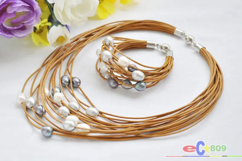 

wholesale 15row 13mm white black gray rice pearl coffee leather necklace & bracelet