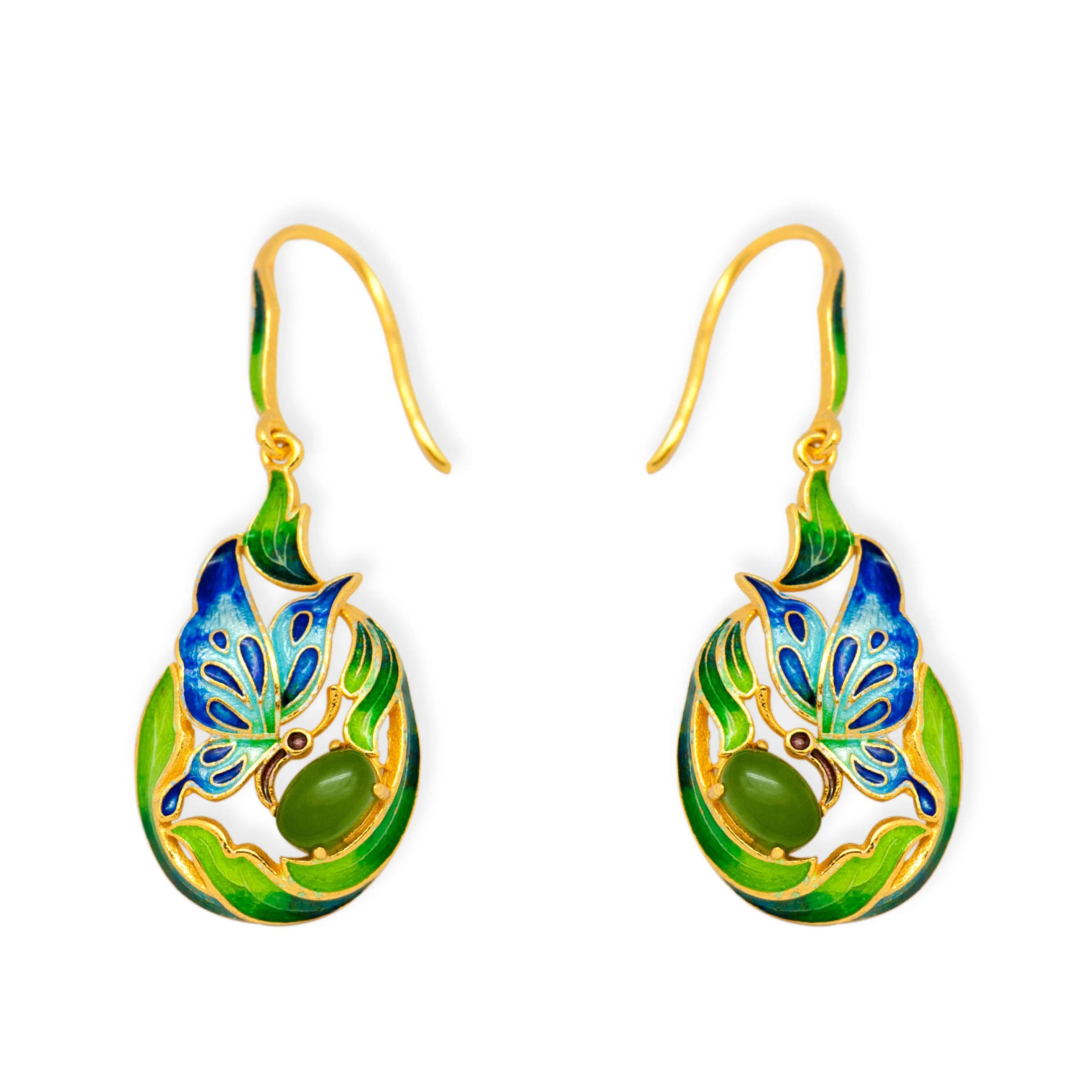 

Blue Enamel 925 Sterling Silver Genuine Green Jasper Butterfly Dangle Earrings