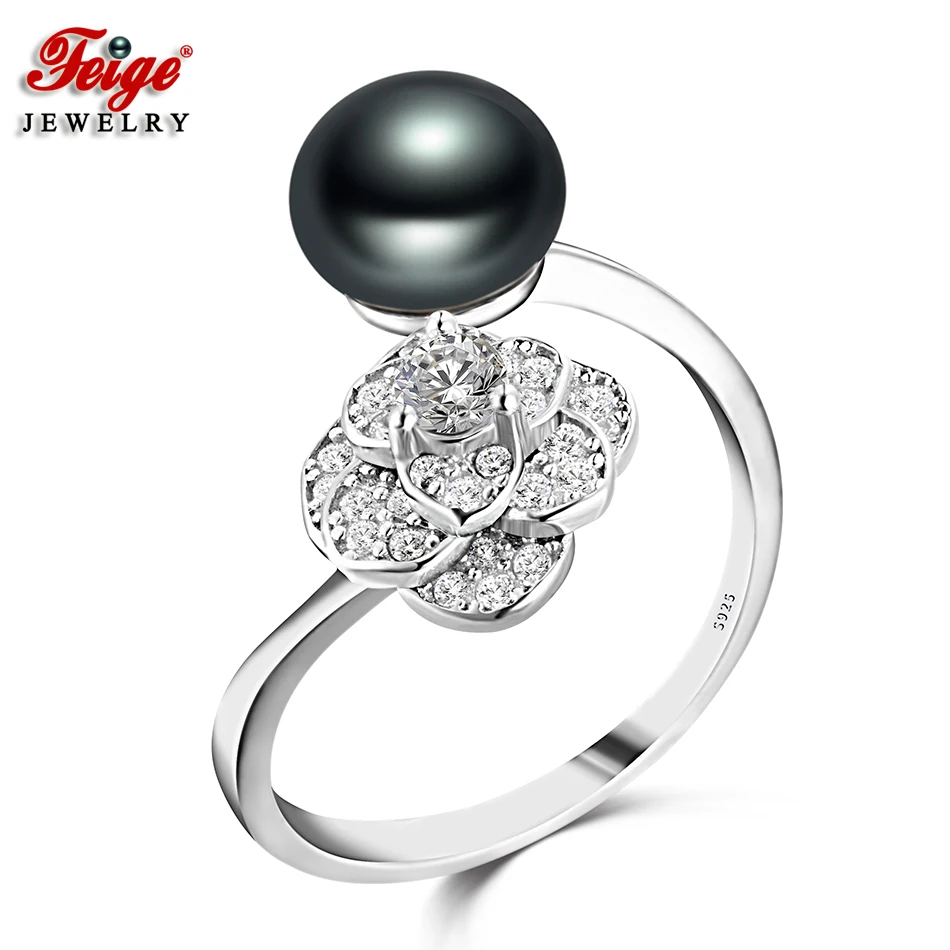 FEIGE Pearl Ring Real 925 Sterling Silver Inlay Cubic Zirconia Flower Finger for Women 8-9MM Black Freshwater Jewelry | Украшения и