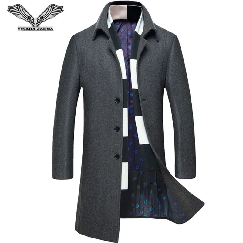 

VISADA JAUNA 2017 Moda Men 's Wool Coat Scarf Two Piece Casual Long Coat Men Cotton Winter Slim Fit Coat Hombres Jacket N5847