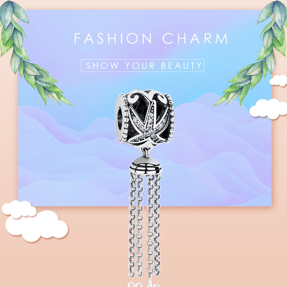 ELESHE Real 925 Sterling Silver Enchanted Starfish Tassel Dangle Charms fit Original Bracelet DIY Beads Jewelry Making