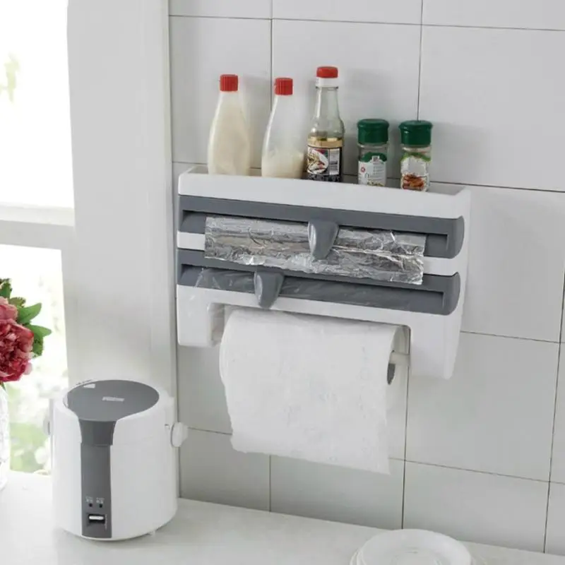 

Plastic Refrigerator Cling Film Storage Rack Wrap Cutter Wall Hanging Paper Towel Holder Kitchen Organizer