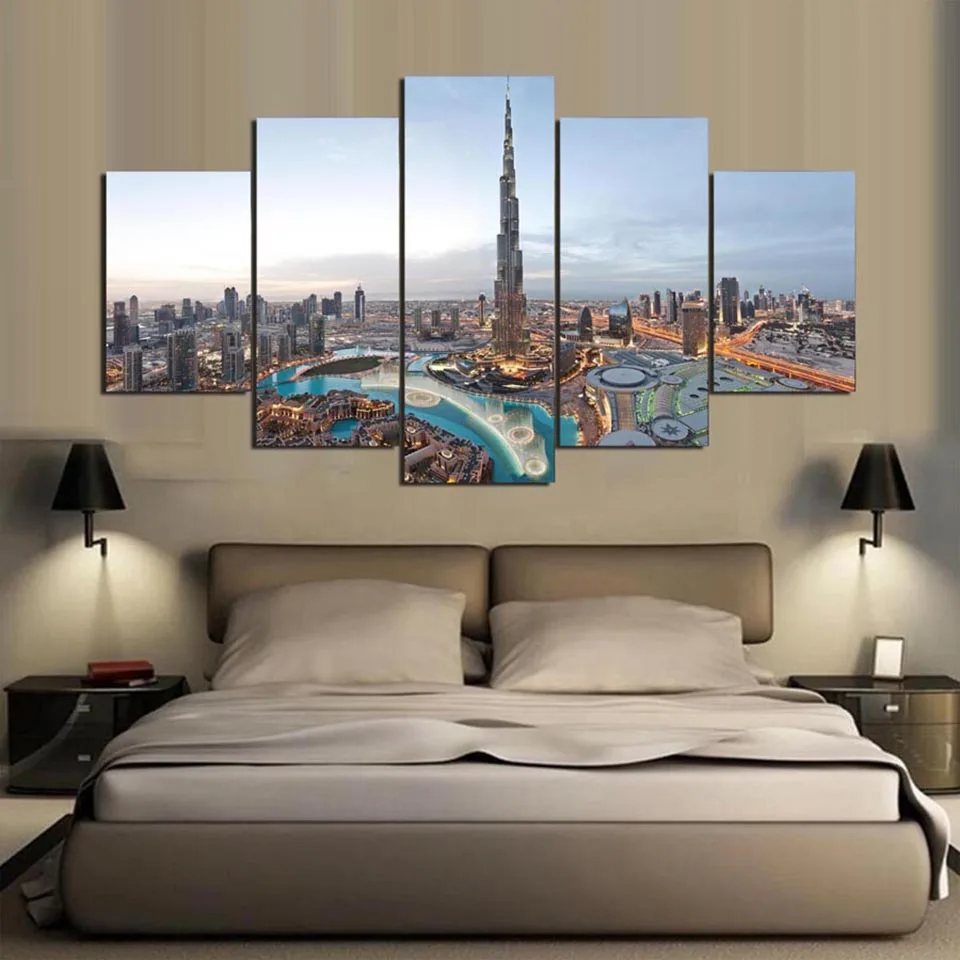 HD-Printed-Painting-Pictures-Home-Decoration-5-Panel-Dubai-Building-City-Landscape-Modern-Living-Room-Wall (1)