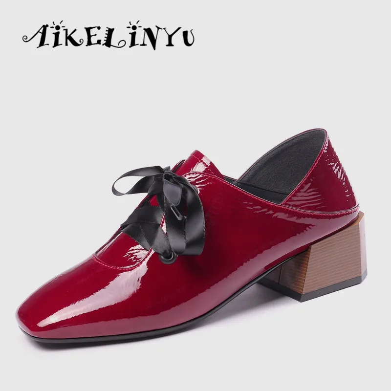 

AIKELINYU 2019 Fashion Genuine Leather Cowhide Women Heels Shoes Autumn Girls Low Heel Shoes Square Toe Office Work Shoes Woman
