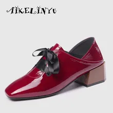 AIKELINYU 2019 Fashion Genuine Leather Cowhide Women Heels Shoes Autumn Girls Low Heel Shoes Square Toe Office Work Shoes Woman showfun genuine leather shoes woman grit cowhide solid square heels boots