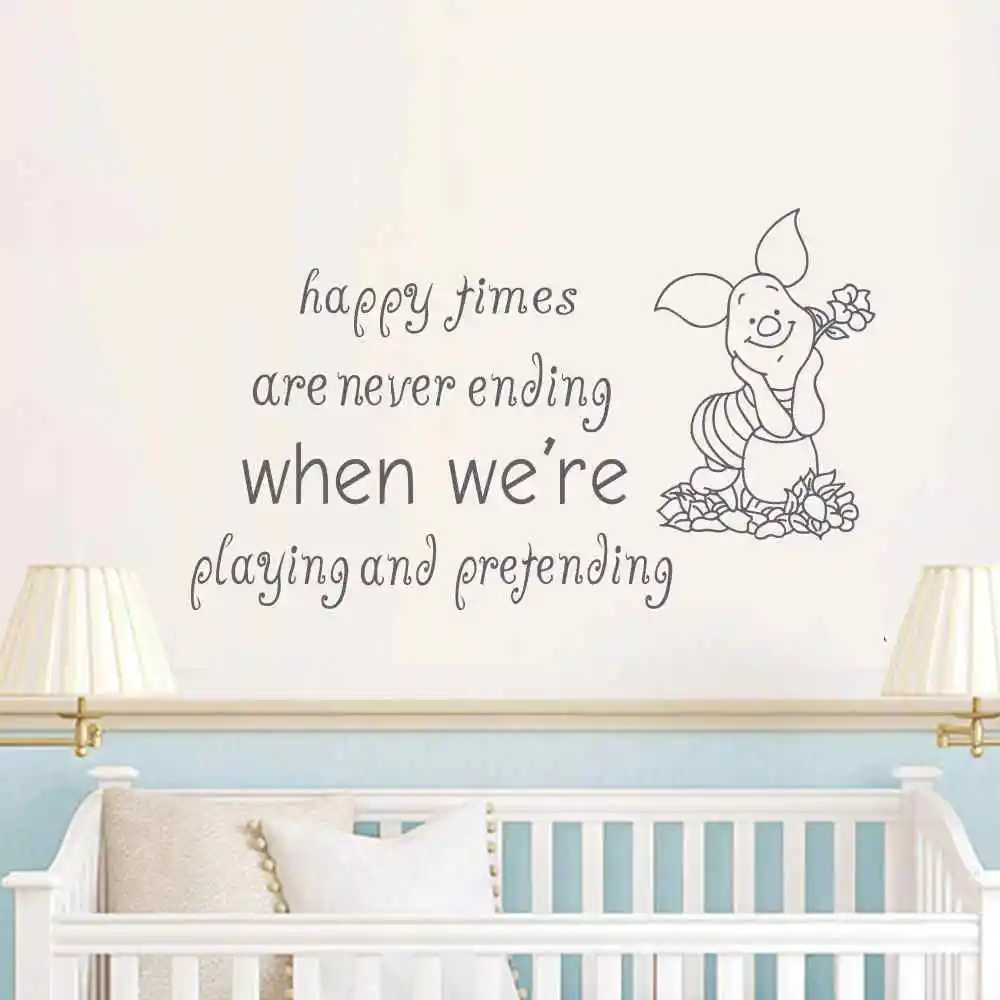 Pig Wall Decal Quote Happy times are never ending Birthday Gifts Baby