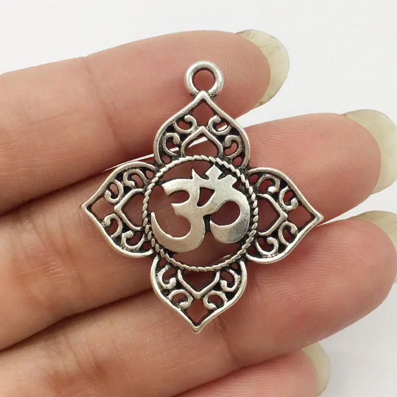 

10Pcs Filigree OHM OM AUM Buddha Lotus Silver pendant Charm, Buddhist, yoga Charm Pendant