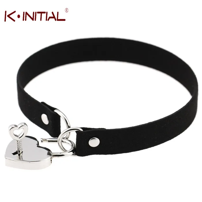 Kinitial Готический Панк Ожерелье Стиль Многоцветный Сердце с Замком Кулон PU Leather Choker Воротник Chocker Ожерелье для Женщин Подарок - Окраска металла: Посеребренный