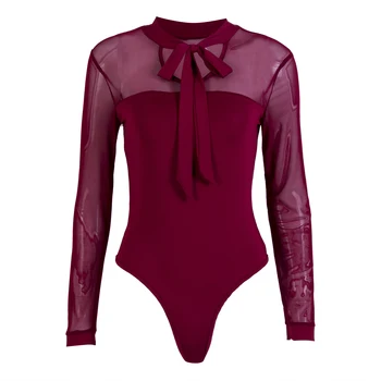 

Women Bodysuits Long Sleeves Sexy Tulle Bodysuit Leotard Luxury Tops Bow Jumpsuit New Fashion Women Clothes