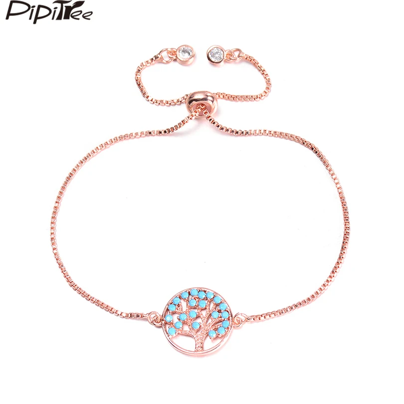 Pipitree Синий CZ Циркон Дерево жизни браслет для Для женщин розового золота Цвет Регулируемый слайдер цепи Браслеты и браслеты подарок ювелирных изделий