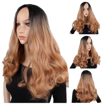 

JOY&BEAUTY Brown Ombre Long Wavy Wig Synthetic Wigs For Women Black Roots High Temperature Fiber Wig Glueless Hair Cosplay Wig
