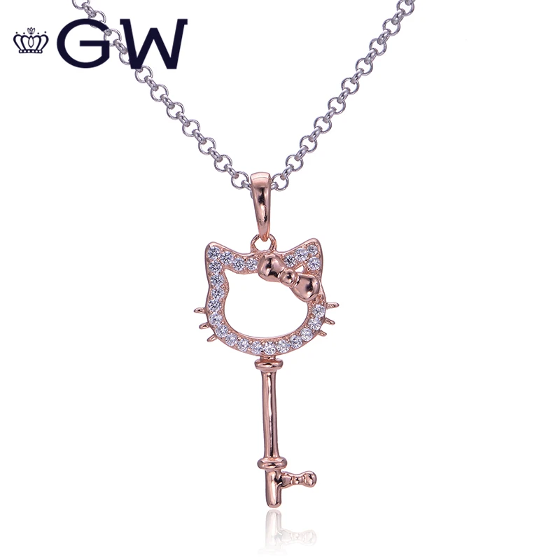 

925 Sterling Silver floating memory Locket Necklace Cute Cat Hello Kitty Key Pendent For Women Men Sweet Memory