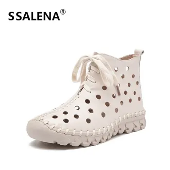 

Women Hollow Breathable Ankle Boots Ladies Lace Up Flat Shoes Female Leather Mesh Rubber Sole Short Boots Hot Sale AA60542