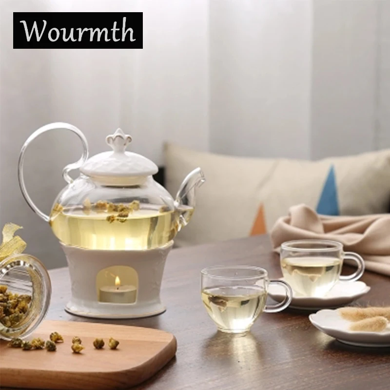 

Wourmth Ceramics 15 Pieces Modern Fashion Flower Tea Set European Style Tea Set Heatable Glass Teapot Bone China Tea Cups Coffee