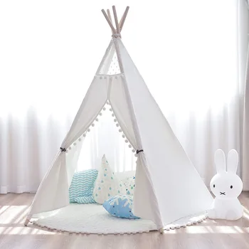 

Large Unbleached Canvas Original Teepee Kids Teepee with Grey Pom Poms Indian Play Tent House Children Tipi Tee Pee Tent
