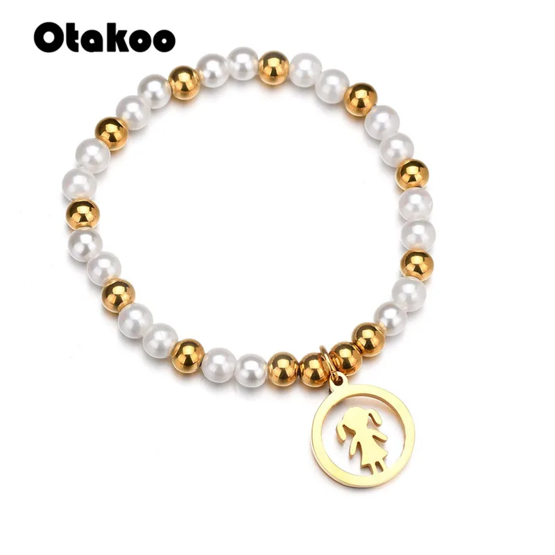 

Otakoo Bacelet For Women Stainless Steel Little Girl 6 mm Stainless Steel Beads Bracelets Charm Jewelry Female Pulsera