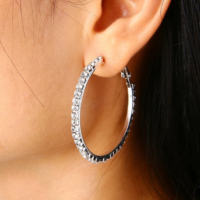 Popular earring With rhinestone 25mm-65mm Crystal circle hoop earrings Simple big circle Silver plated hoop earrings for women