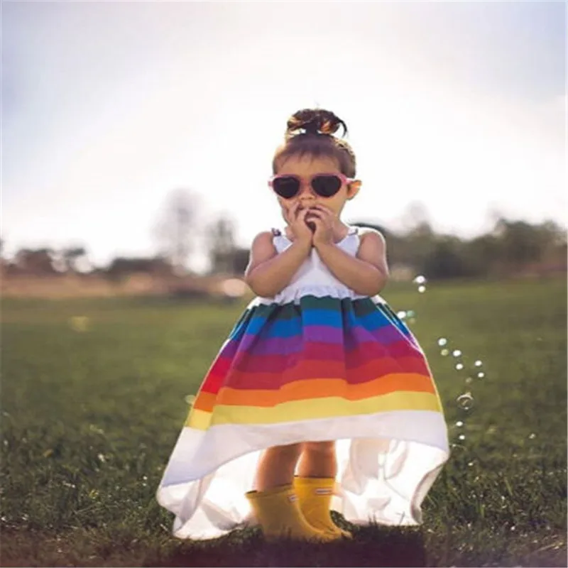 

Princess Kids Baby Girls clothes backless strap round neck sleeveless Toddler rainbow print Irregular cotton Dresses one pieces