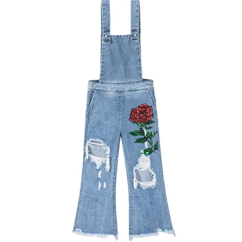 

Summer Spring Womens Sequined Flower Ripped Hole Ankle Length Denim Jumpsuits Overalls , Woman Wide Leg Glitter Embroidery Jeans