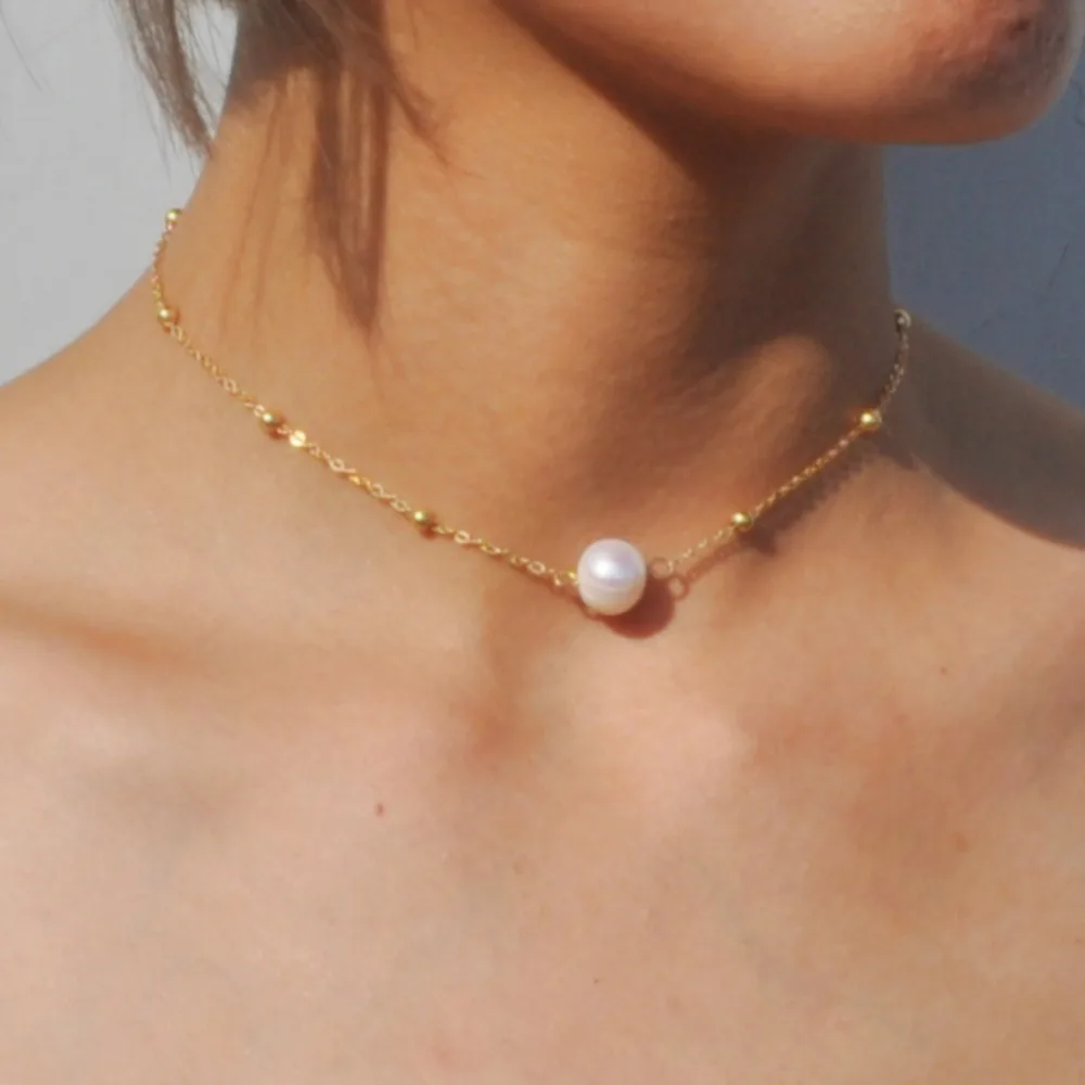 Women Choker Necklace Freshwater Pearl Necklace Gold Color Chain Clavicle Chain Necklaces 2018 Fashion Jewelry For Girl  (1)