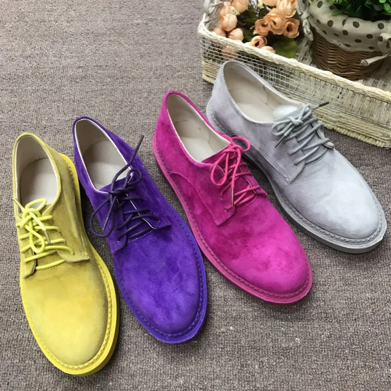 

OULYYYOGO Spring & Summer Women's Shoes Vintage British Style Pig Suede Lacing Women Flats Round Toe Casual Candy Colors Oxfords