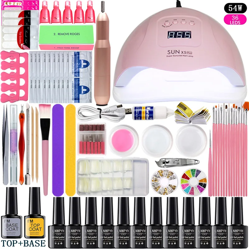 

12 Color Gel Nail Polish Varnish Extension Kit with 36w/48w /54w Led Uv Nail Lamp Kit for Manicure Set Acrylic Nails Art Tools