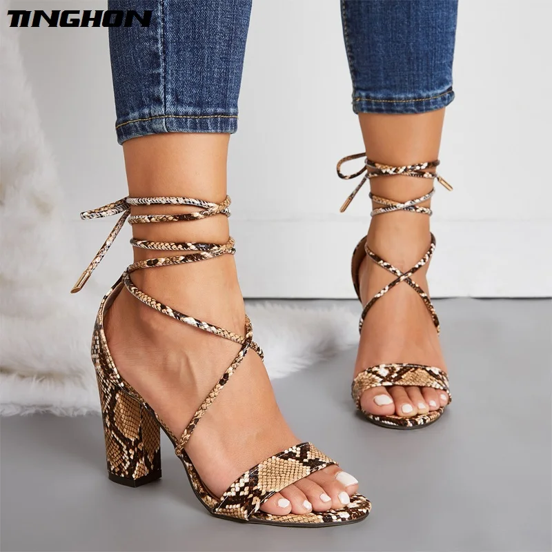 

TINGHON NEW Women PU Retro Sandals Serpentine Square High Heel Round Toe Cross-Tied Lace-Up Cover Heel White Apricot Size 35-42
