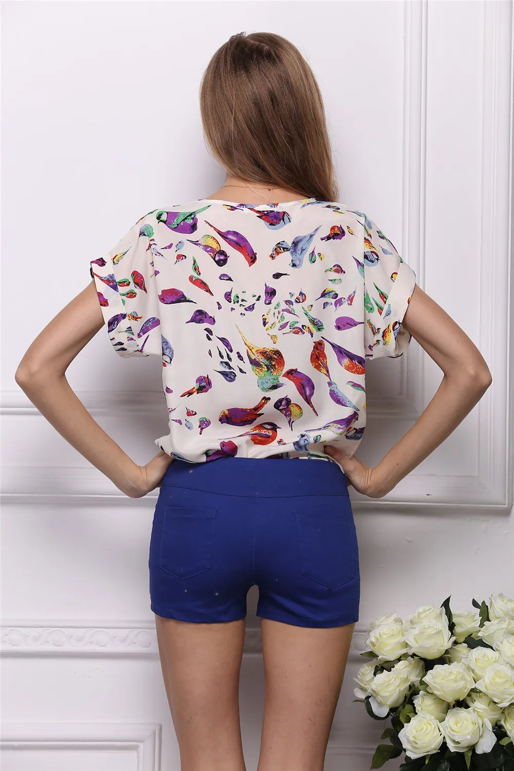 Summer Stars Blouse Women Sunflower Bird Chiffon Print Blouse Stripe Plaid Shirt Cross Love Blouse Short Sleeve Lipstick Shirts (3)