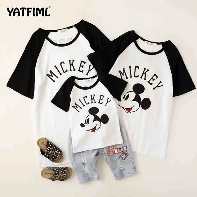 Yatfiml мать и дочь, Отец и сын футболки "Микки" Семейная одежда с надписью «Mommy And Me» Качественный хлопок Летний стиль - Цвет: BLACK