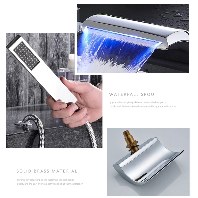 quyanre 5pc led waterfall bathtub faucet chrome brass mixer tap 3 handles handshower waterfall spout bathroom shower faucet1