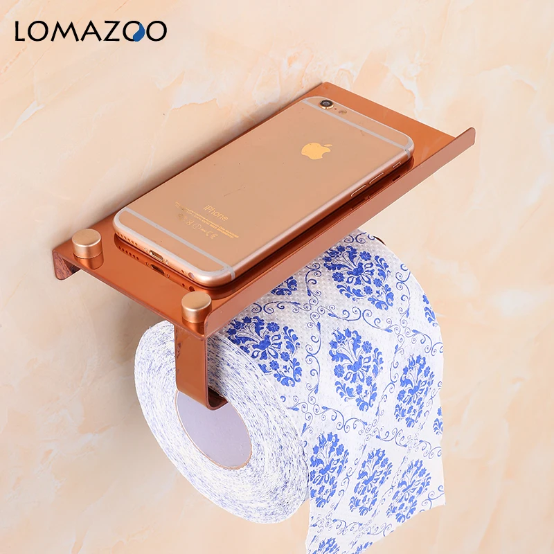 Concise Wall Mount Toilet Paper Holder Bathroom Accessories Rose Fixture Stainless Steel Roll Paper Holders with Phone Shelf