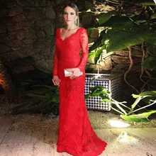 Meerjungfrau v-ausschnitt Appliques robe de soiree Red Party Kleid 2016 vestido de festa Backless Langarm Prom kleider