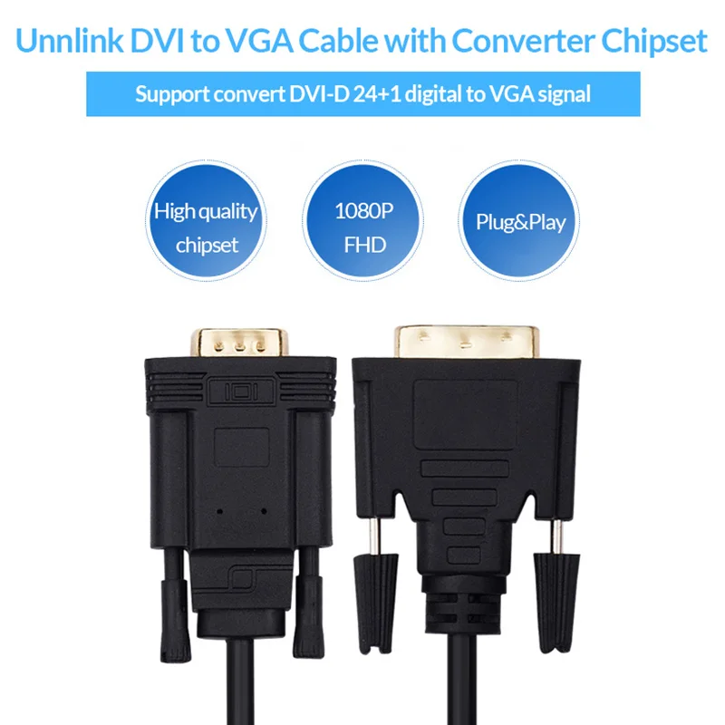 Unnlink الرقمية نشط DVI-D 24 + 1 إلى VGA مهائي كابلات DVI محول VGA FHD1080P @ 60 للكمبيوتر HDTV العارض الكمبيوتر الجرافيك