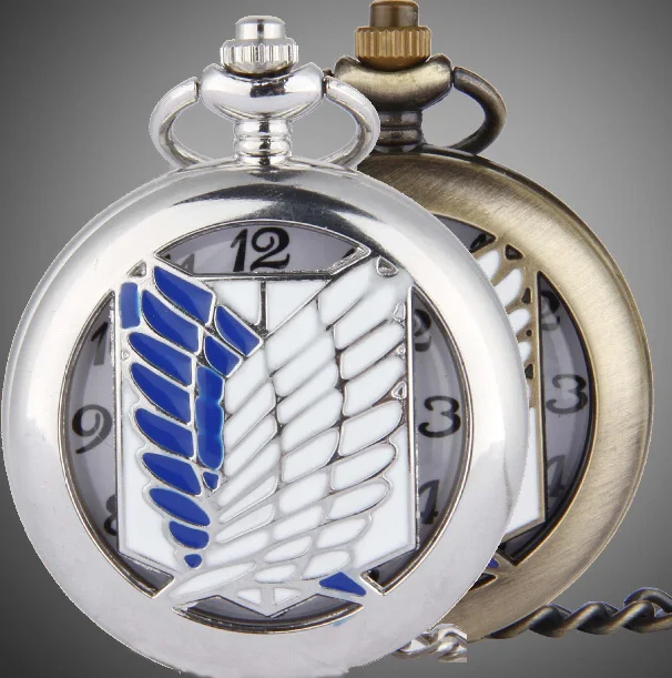 

(1074) 12pcs/lot Attack on Tita Quartz Pocket Watch, Dia 1.77", Chain 31.5"