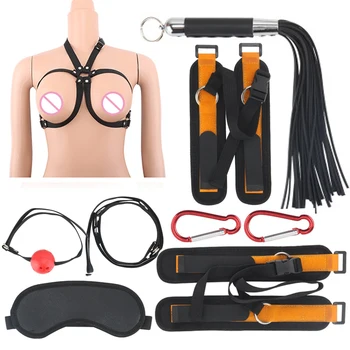 

Sex BDSM Bondage Gear Fetish Slave Bondage Restraint Set Sex Handcuffs Mouth Gag Sleep Mask Whip Flirting Sex Toys for Couples