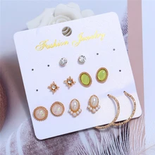 L&H 6Pairs/Set Luxury Elegant Stud Earrings Set Delicate Pearl Earrings For Women Round/Oval Rhinestone Earrings in Jewelry 2019 insect design stud earrings set 6pairs
