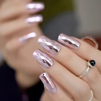 

3D Rhombus Metallic Pink False Fake Nails Metal Plating Mirror Prismatic Style Acrylic Tips Full Nail Tips Art Tool Bride