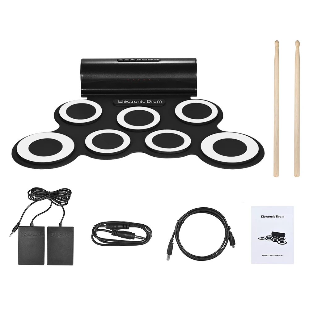 

NEW Portable Digital Mono Electronic Drum Set Kit 7 Silicon Pads Built-in Speaker USB Powered with Drumsticks Foot Pedals