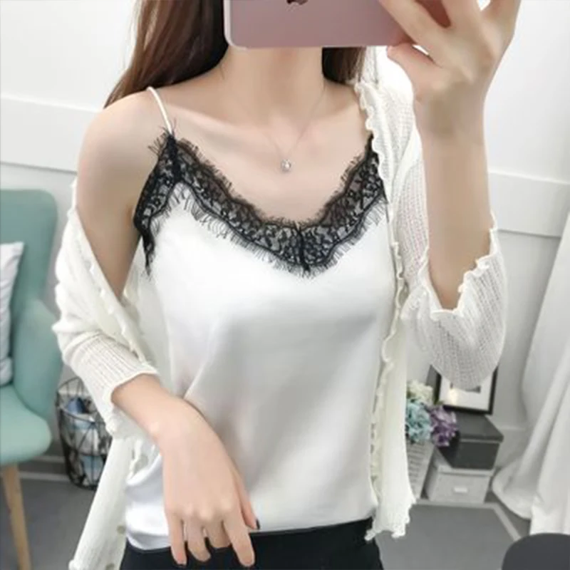 

Sexy Lace Camisole Ladies New 2019 Summer V-neck Solid Color Lace Women's Camisole Fashion Casual Stitching White Black