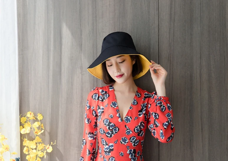 

Cotton Double sided black yellow Bucket Hat Fisherman Hat outdoor travel hat Sun Cap Hats for Men and Women